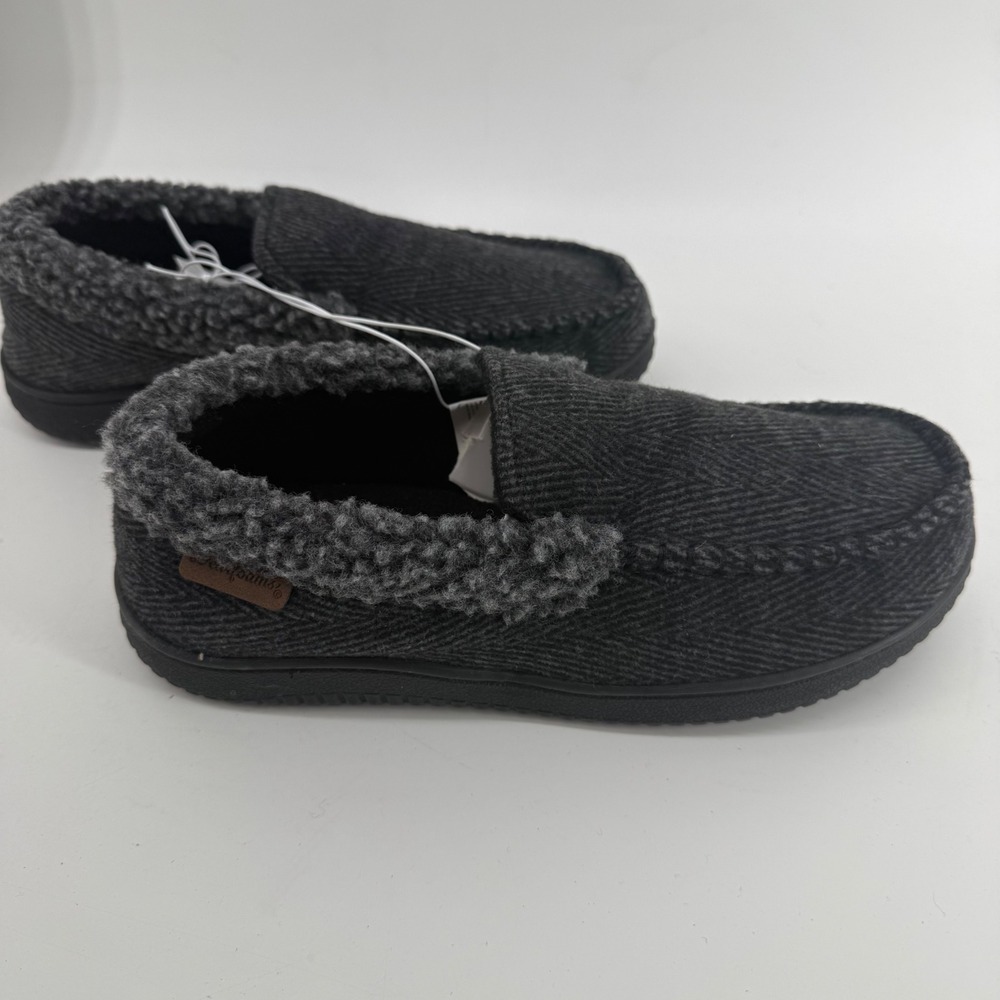 Dearfoams Mens Memory Foam Moccasin Slippers‎ Grey Herringbone Size Small 7-8